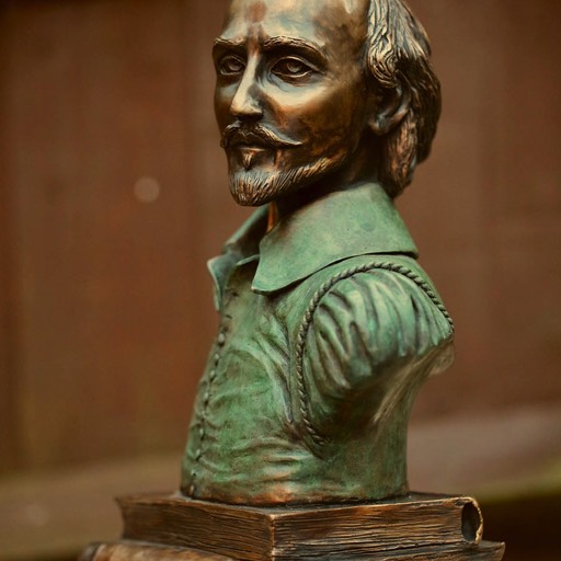 William Shakespeare Coloured Green Bronze Sculpture Front Right