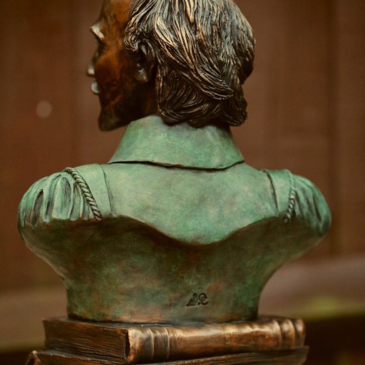 William Shakespeare Coloured Green Bronze Sculpture Back Angle